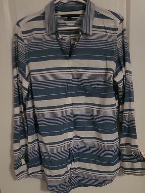 Tommy Hilfiger Blue and White Striped Long Sleeve Button-Down Shirt